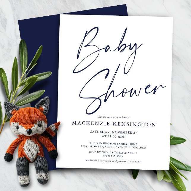 Budget Navy Blue Script Boy Baby Shower Invitation (Budget Navy Blue Script Boy Baby Shower Invitation)