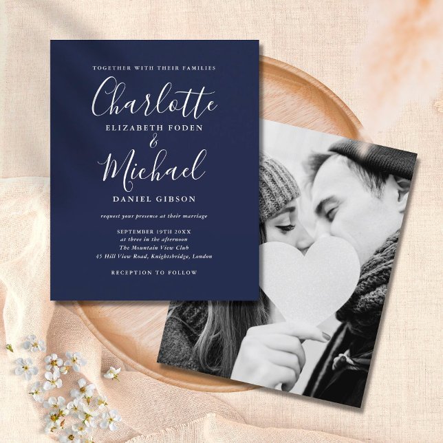 Budget Navy Blue Script Photo Wedding Invitation (Creator Uploaded)