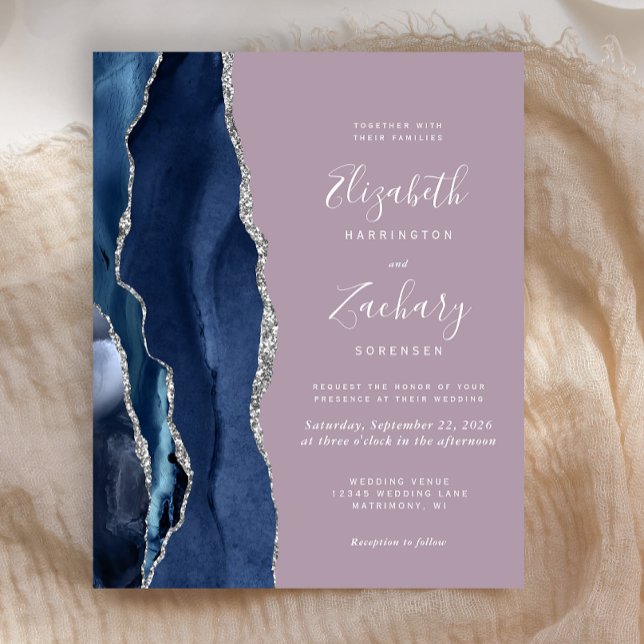 Budget Navy Blue Silver Agate Mauve Wedding Invite (Creator Uploaded)