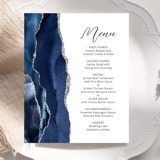 Budget Navy Blue Silver Agate Script Wedding Menu (Creator Uploaded)
