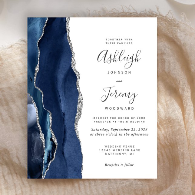 Budget Navy Blue Silver Agate Wedding Invite (Creator Uploaded)