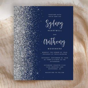 Budget Navy Blue Silver Calligraphy Wedding Invite