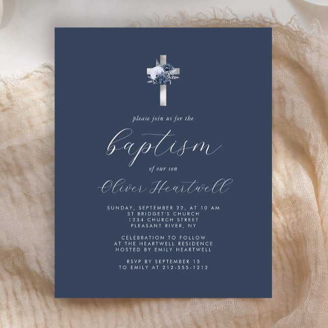 Budget Navy Blue Silver Floral Cross Boys Baptism (Creator Uploaded)