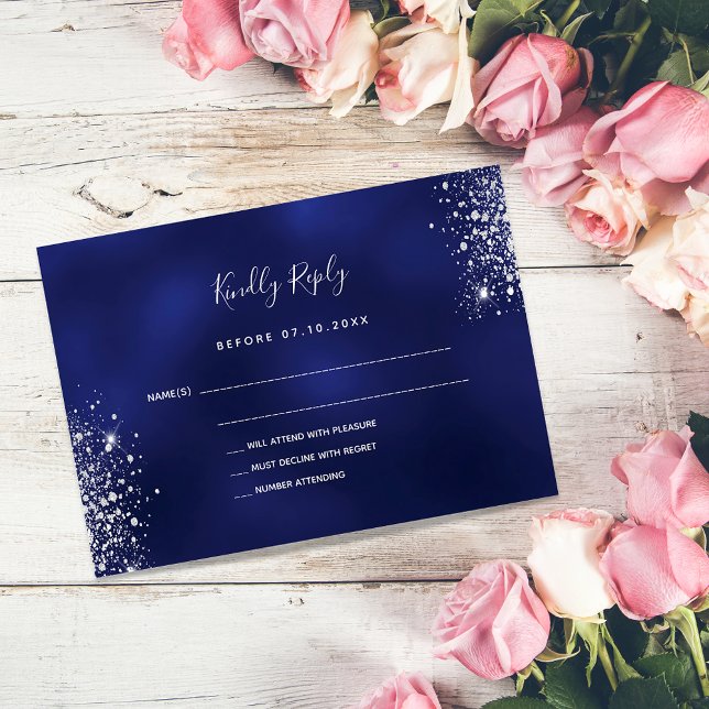 Budget navy blue silver glitter dust wedding RSVP Card (Creator Uploaded)