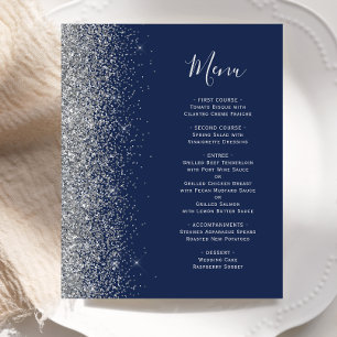 Budget Navy Blue Silver Glitter Edge Wedding Menu