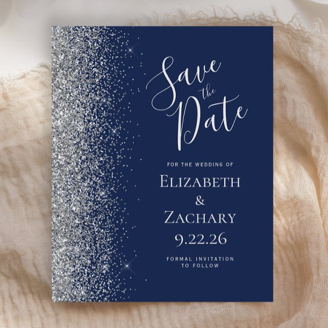 Budget Navy Blue Silver Glitter Save the Date (Creator Uploaded)