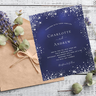 Budget navy blue silver glitter wedding invitation