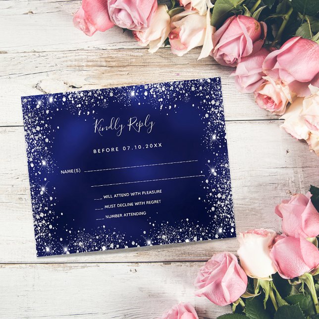 Budget navy blue silver glitter wedding RSVP (Creator Uploaded)