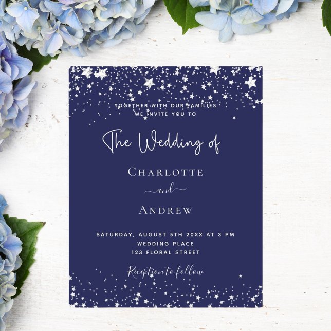 Budget navy blue silver stars wedding invitation (Creator Uploaded)
