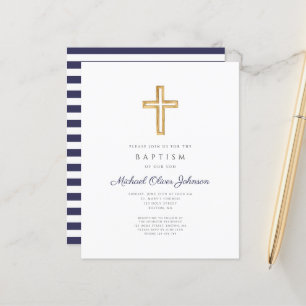 Budget Navy Blue Stripes Cross Boy Baptism Invite