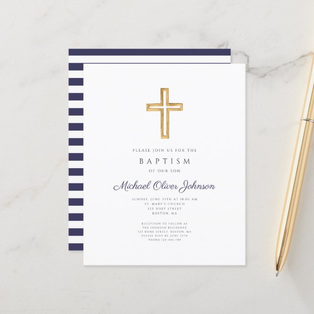 Budget Navy Blue Stripes Cross Boy Baptism Invite (Front/Back In Situ)