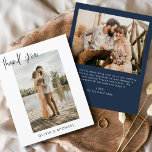 Budget Navy Blue Wedding Photo Thank You Card<br><div class="desc">Elevate your gratitude with our elegant thank you cards featuring modern script and your favourite wedding photo. These cards offer a stylish and minimalist design that perfectly complements any wedding aesthetic. Personalise them with a heartfelt message of appreciation to convey your thanks to friends and family for their love and...</div>