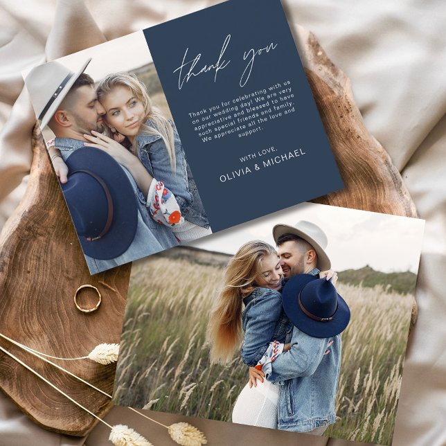 Budget Navy Blue Wedding Photo Thank You Card (Creator Uploaded)
