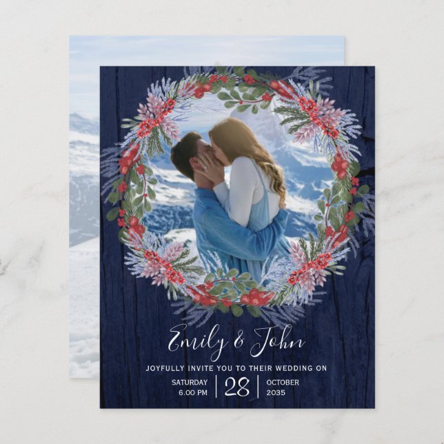 Budget Navy Blue Winter Floral Wedding Invitation (Front/Back)