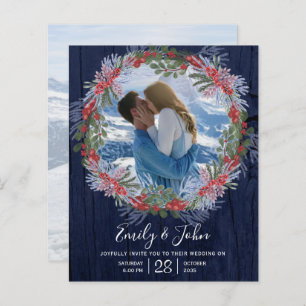 Budget Navy Blue Winter Floral Wedding Invitation