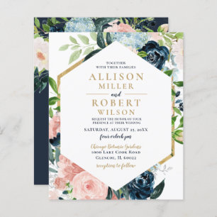 Budget Navy Blush Gold Floral Wedding Invitation