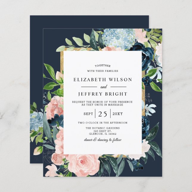  Budget Navy Blush Gold Floral Wedding Invitation (Front/Back)