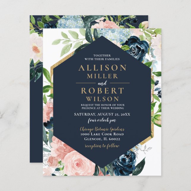 Budget Navy Blush Gold Floral Wedding Invitation (Front/Back)
