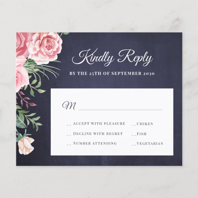 Budget navy blush pink floral wedding RSVP Flyer (Front)