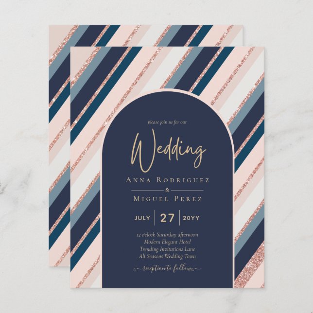 BUDGET Navy Blush Pink Rose Gold Wedding INVITE (Front/Back)
