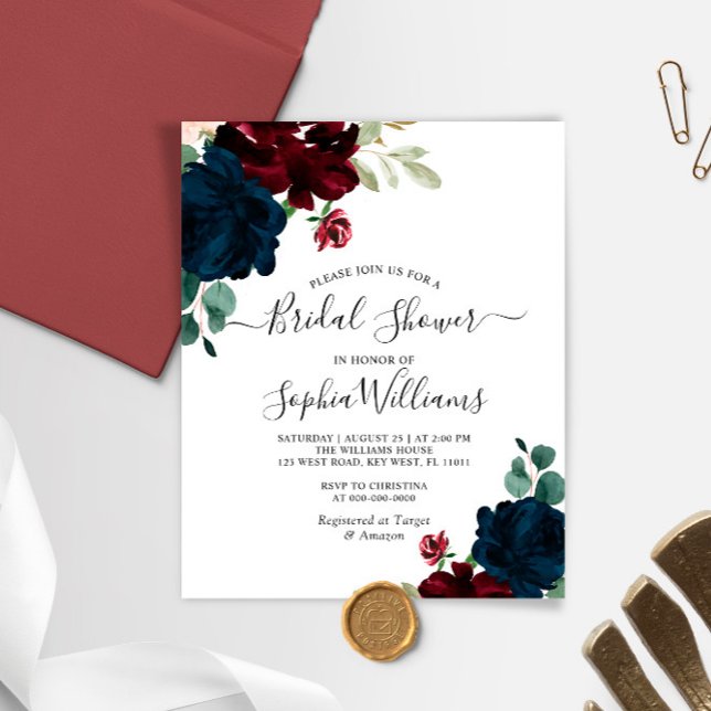 Budget Navy & Burgundy Bridal Shower Invitation (Creator Uploaded)