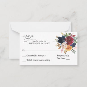 Budget Navy, Burgundy Pink Floral 2SM No Meal RSVP Card