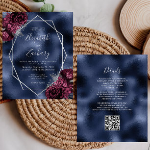 Budget Navy Burgundy Silver Floral QR Code Wedding