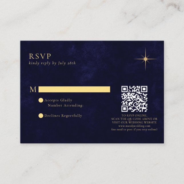 BUDGET Navy Celestial Gold Star Wedding QR Code Enclosure Card (Front)