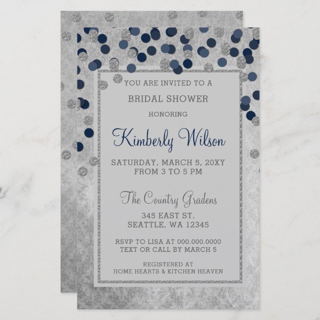 Budget Navy Confetti Bridal Shower Invitation (Front/Back)