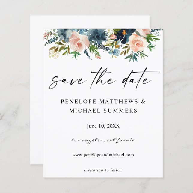 Budget Navy D Blue & Pink Floral Save the Date V2 (Front/Back)