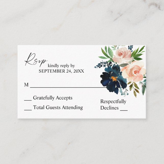 Budget Navy, Dusty Blue, Pink 2SM No Meal RSVP Enclosure Card (Front)