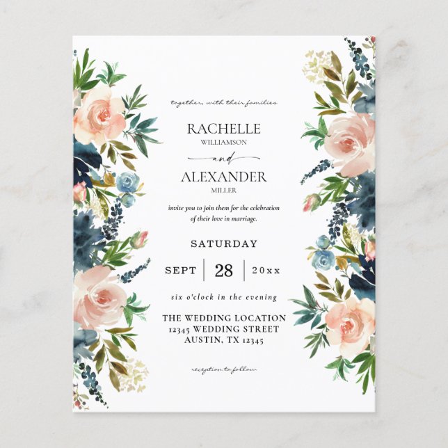 Budget Navy Dusty Blue & Pink Blush 1 Wedding Flyer (Front)