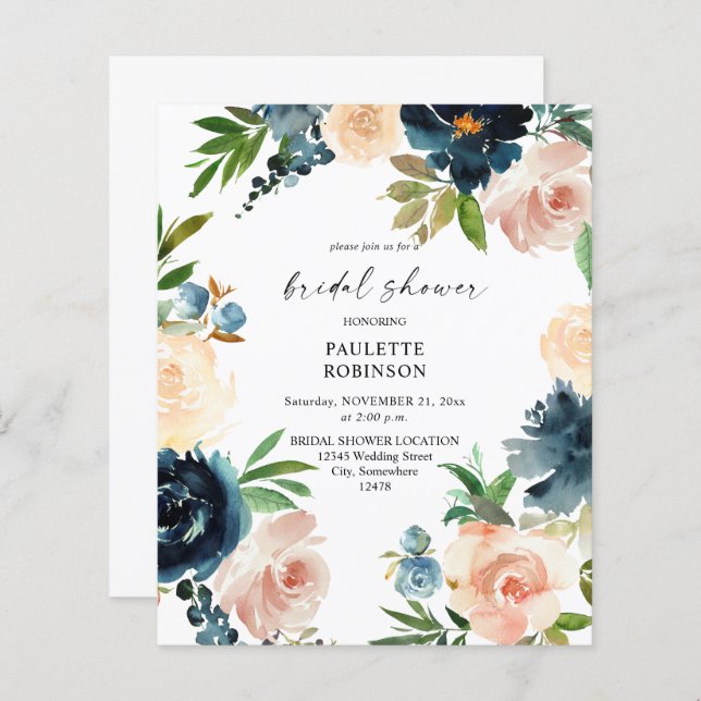 Budget Navy & Dusty Blue Pink Floral Bridal Shower (Front/Back)