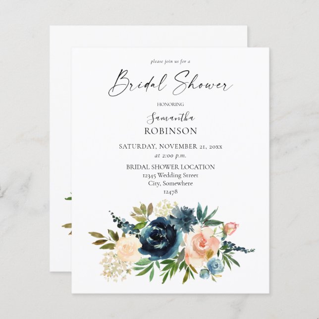 Budget Navy, Dusty Blue, Pink Floral Bridal Shower (Front/Back)