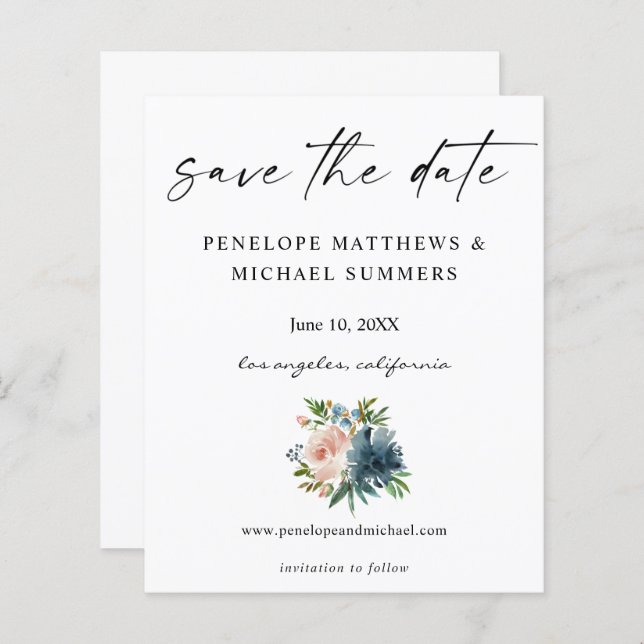 Budget Navy Dusty Blue & Pink Floral Save the Date (Front/Back)