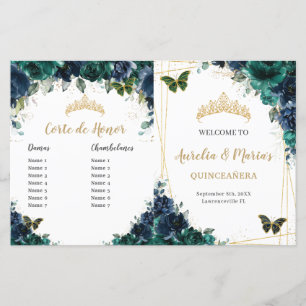 Budget Navy Emerald Floral Quinceañera Program