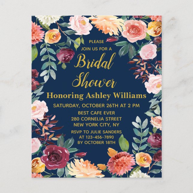 Budget Navy Fall Floral Bridal Shower Invitation (Front)