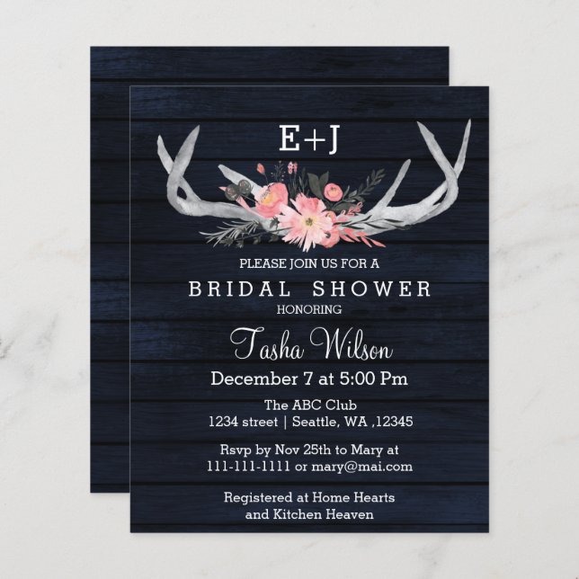 Budget Navy Floral Antler Bridal Shower Invitation (Front/Back)