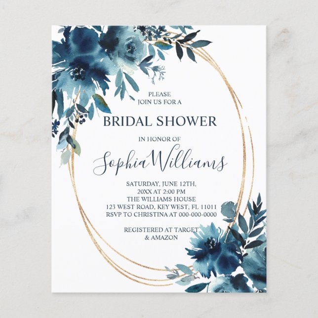 Budget Navy Flower & Gold Bridal Shower Invitation (Front)