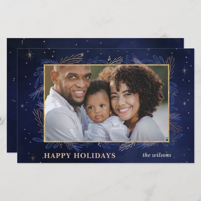Budget Navy Gold Botanical Photo Holiday Card (Front/Back)