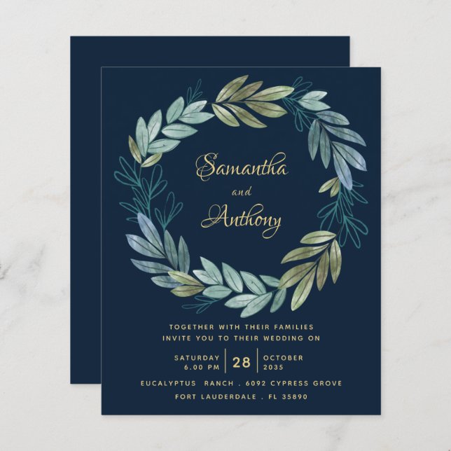 Budget Navy Gold Botanical Wedding Invitation (Front/Back)