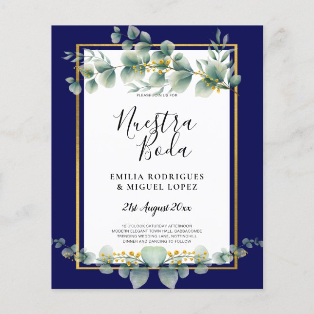 BUDGET NAVY GOLD Eucalyptus Wedding Invite QR CODE Flyer (Front)