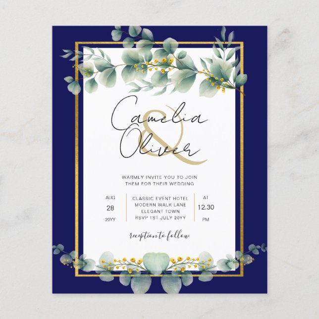 BUDGET NAVY GOLD Eucalyptus Wedding Invite QR CODE Flyer (Front)