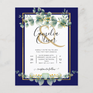BUDGET NAVY GOLD Eucalyptus Wedding Invite QR CODE Flyer