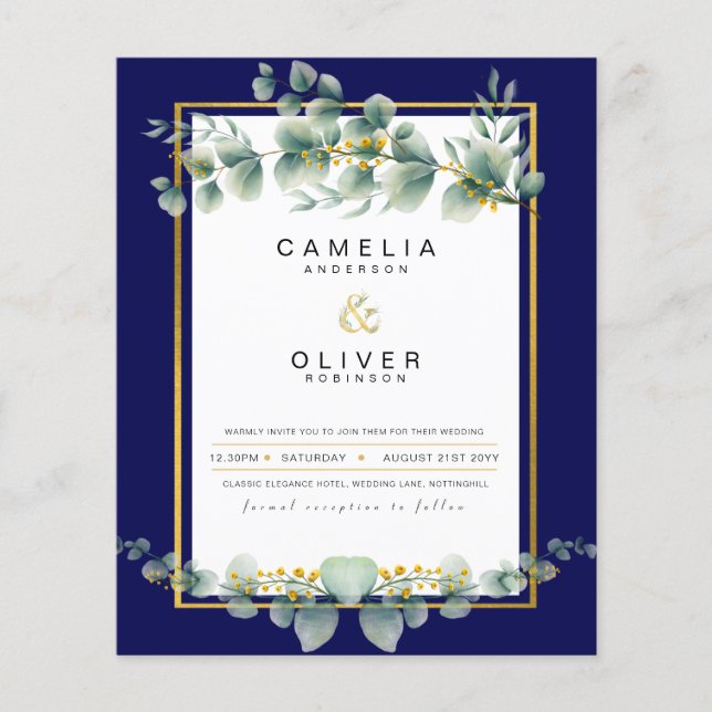 BUDGET NAVY GOLD Eucalyptus Wedding Invite QR CODE Flyer (Front)