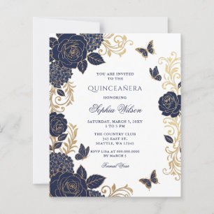 Budget Navy Gold Floral Butterfly Quinceañera