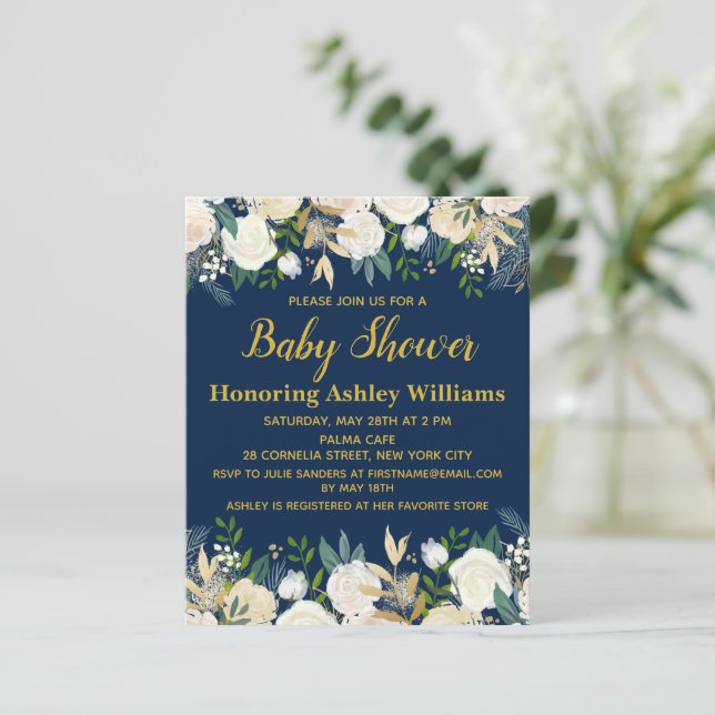 Budget Navy Gold Greenery Baby Shower Invitation (Standing Front)