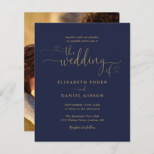 Budget Navy Gold Heart Script Photo Wedding Invite