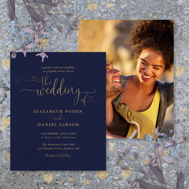 Budget Navy Gold Heart Script Photo Wedding Invite (Budget Navy Gold Heart Script Photo Wedding Invite)