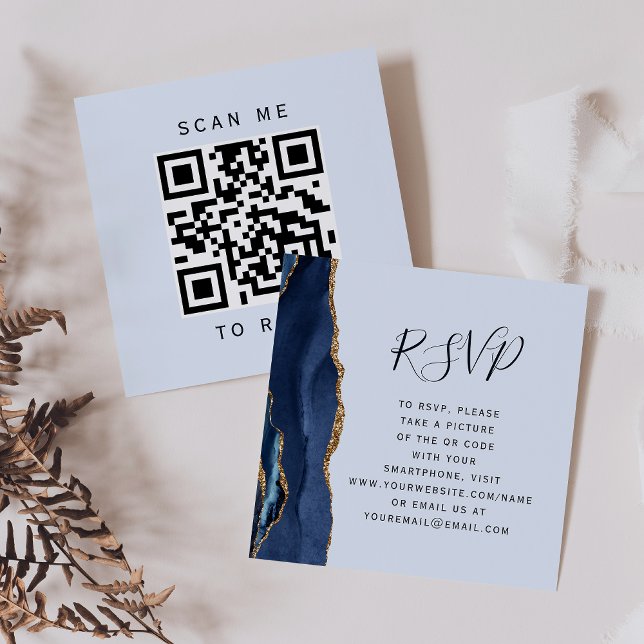 Budget Navy Gold Light Blue Agate QR Code RSVP Enclosure Card (Creator Uploaded)